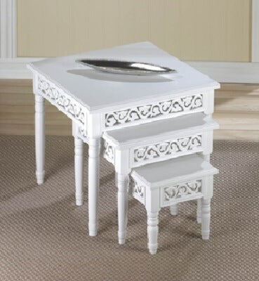 Wooden White Floret Nesting Table Trio