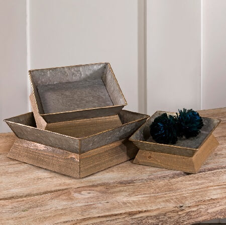 Metal Trays With Wooden Base - Set of 3