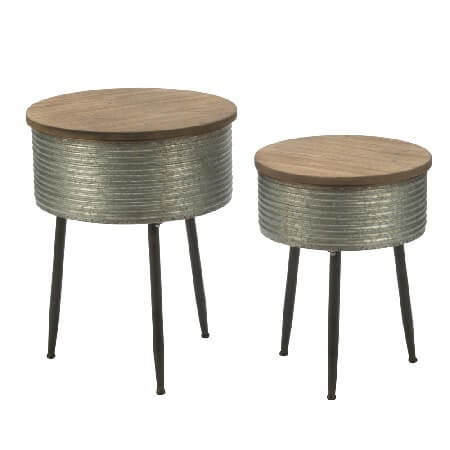 Round Metal Storage Table w/Wood Top - Set of 2